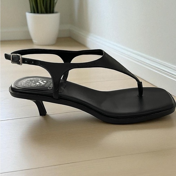 Vince Camuto Black Leather Square Toe Thong Kitten Heel Slingback Sandals 8.5 - Picture 1 of 10